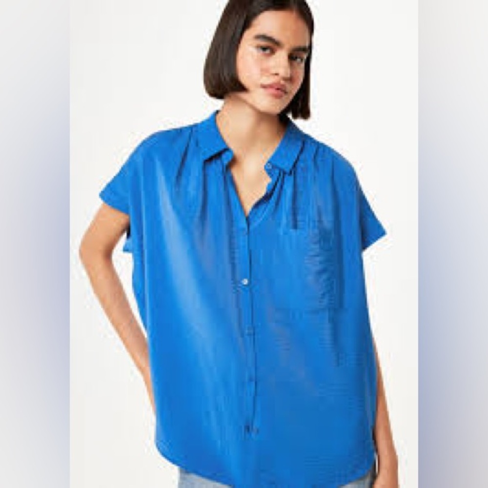 Whistles Blue Button Down Short Sleeve Shirt Relaxed Fit Casual Top Size Small
